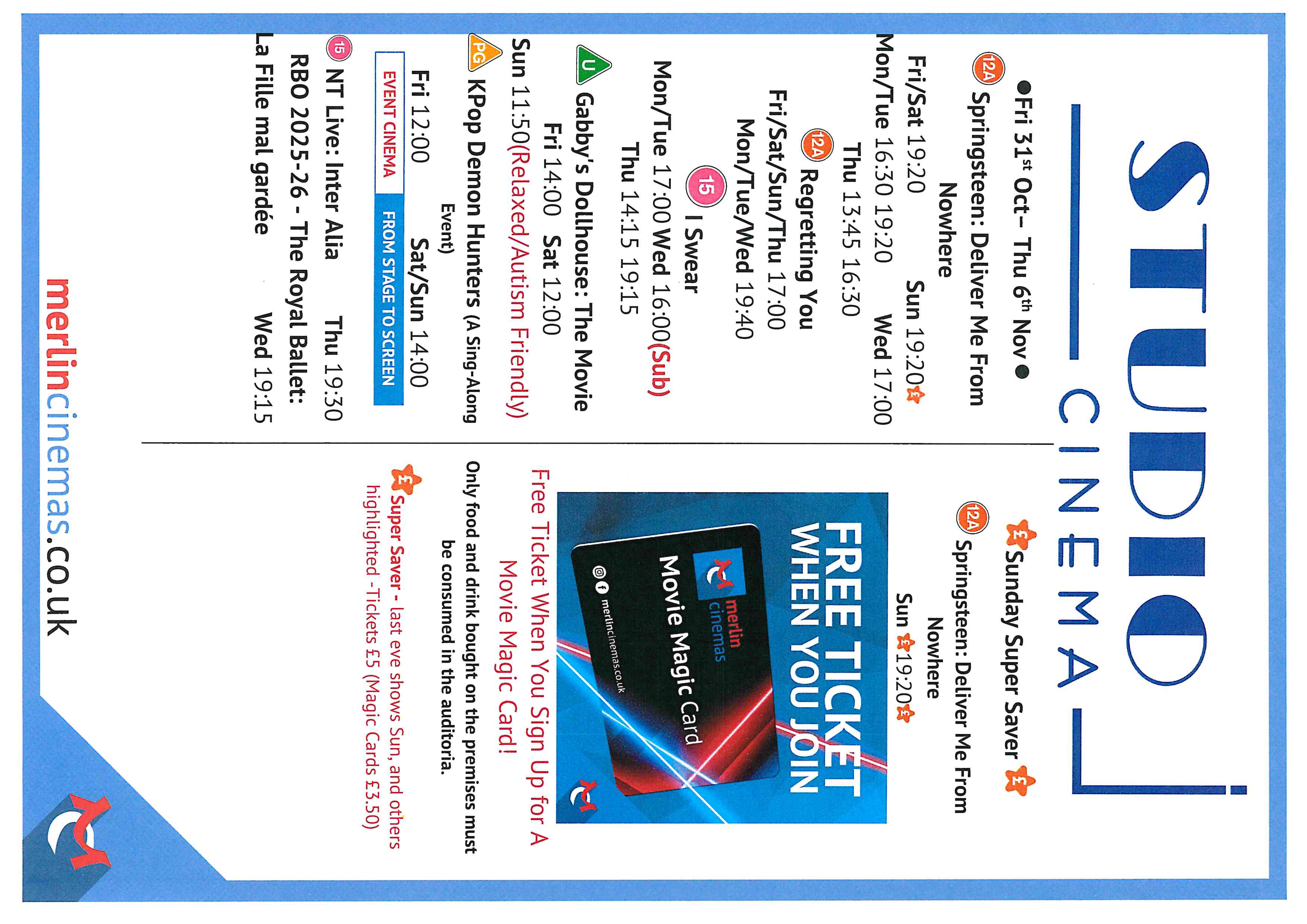 Studio Cinema Listings Fri 31st Oct - Thur 6th Nov